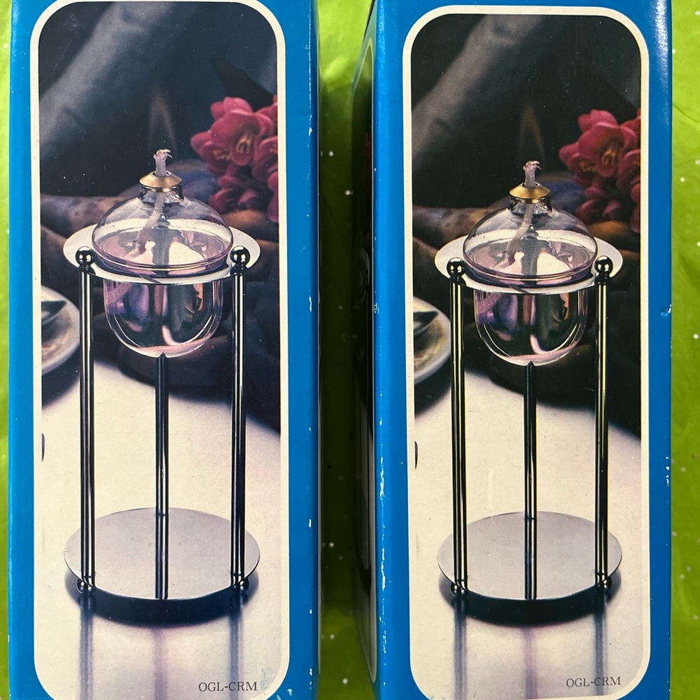 Glass Oil Lamp with Chrome Stand - Clear Oil Holder Vintage 90s set of two NIB